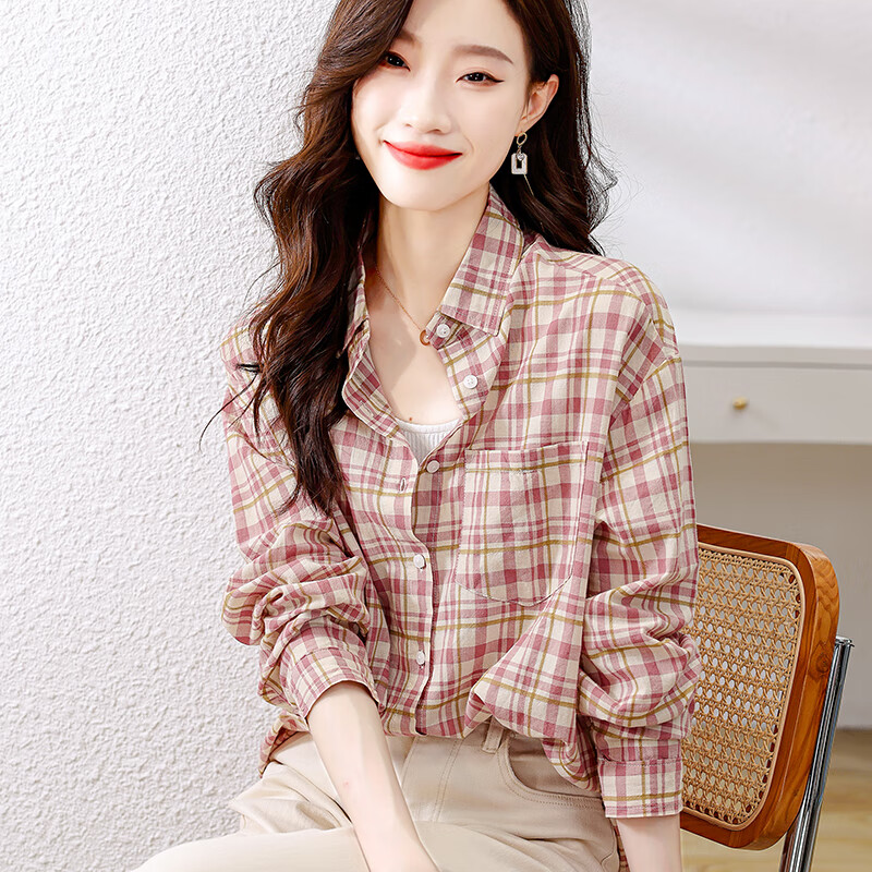 摩纳什丹(mogastances)纯棉衬衫女苏格兰格子港风复古宽松长袖衬衣