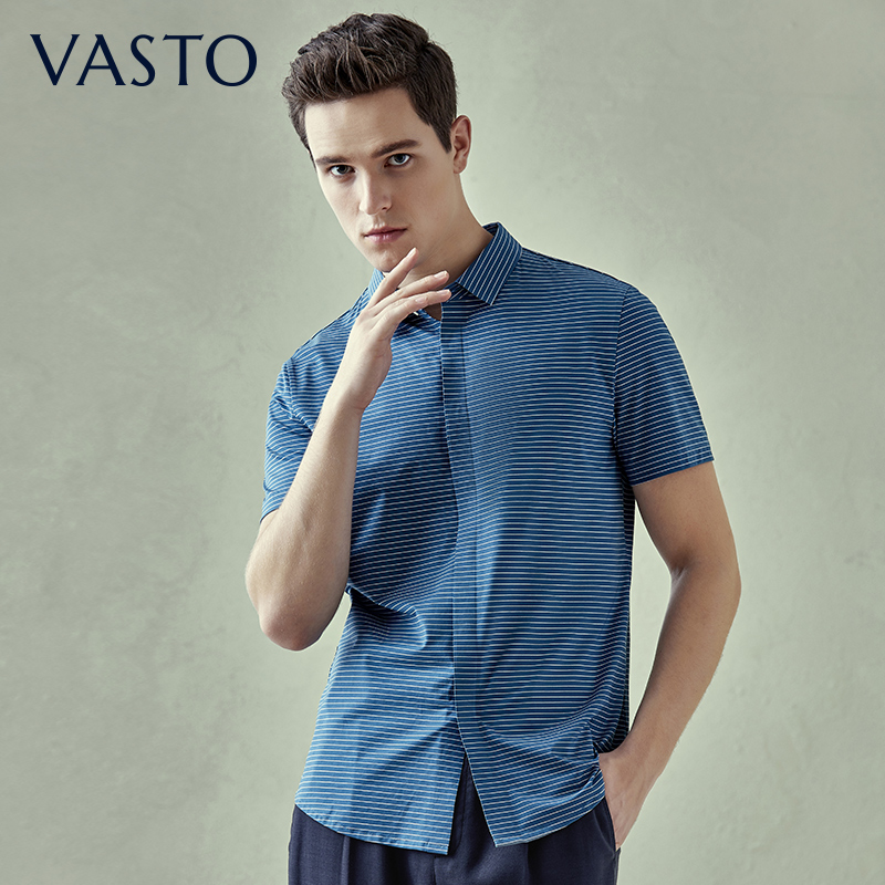 vasto/华斯度新款印花弹力条纹男士短袖衫中年商务翻领t恤 蓝色 s
