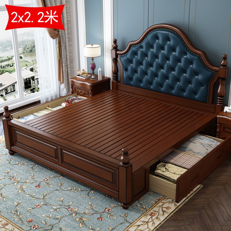 卡佩莎 2米2.2米大床美式实木床双人床轻奢软包靠背高箱储物床主卧室婚床 2.0*2.2m 箱框结构（单床）