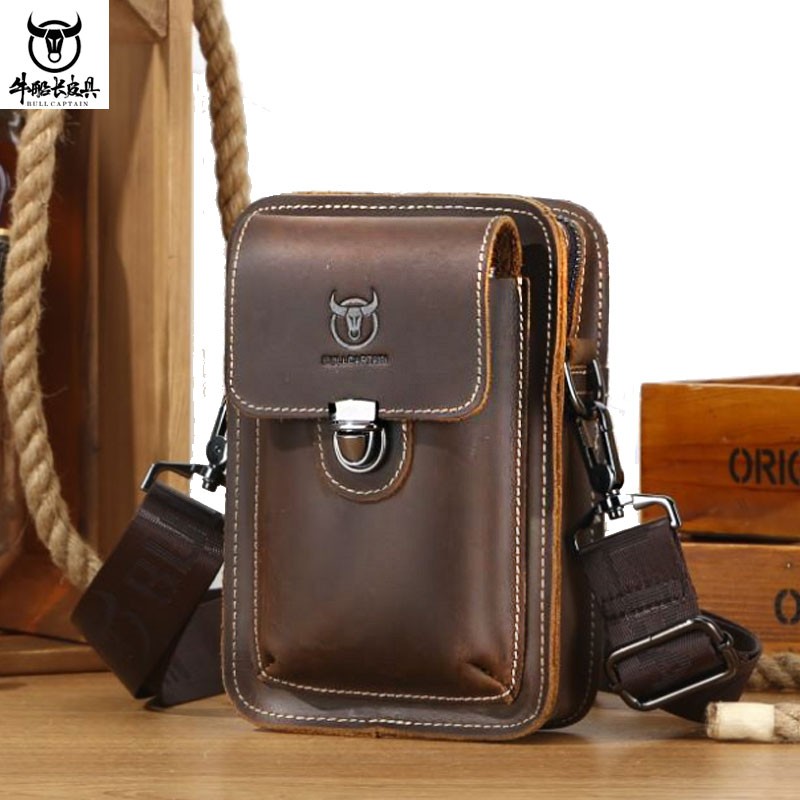 牛船长皮具单肩斜挎包男穿皮带手机腰包休闲挂扣多功能疯马皮防盗挂包 咖啡色