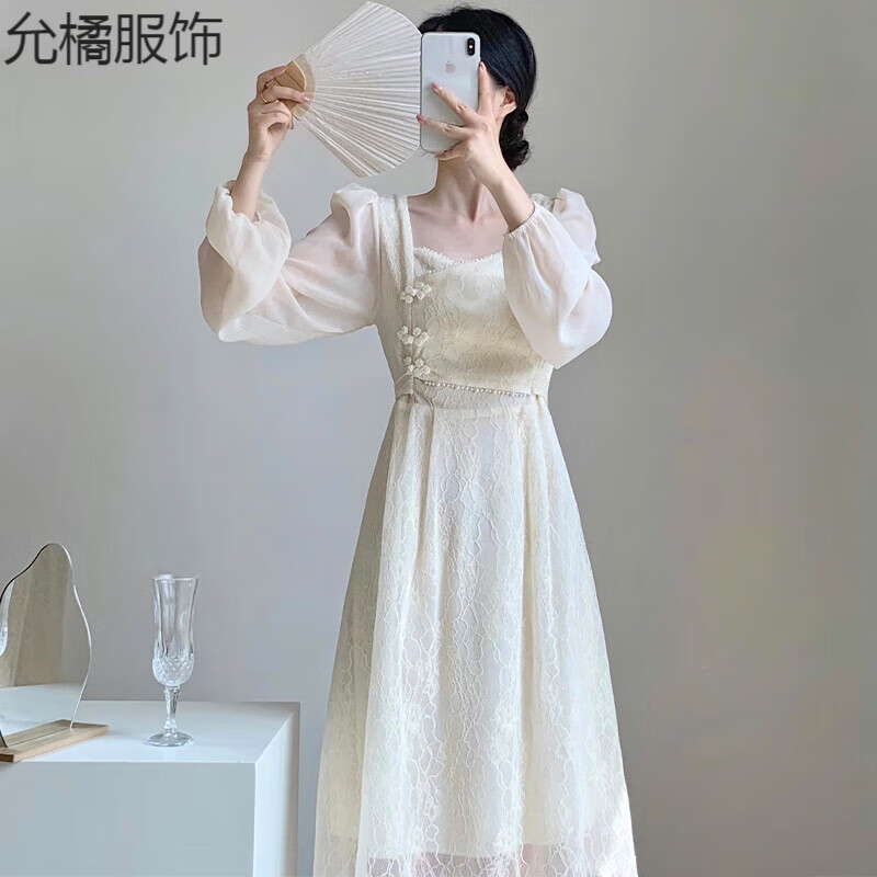 允橘证登记小礼服法式平时可穿订婚连衣裙伴娘服胖女孩大码长袖白 米白色[伴娘服 S使用感如何?