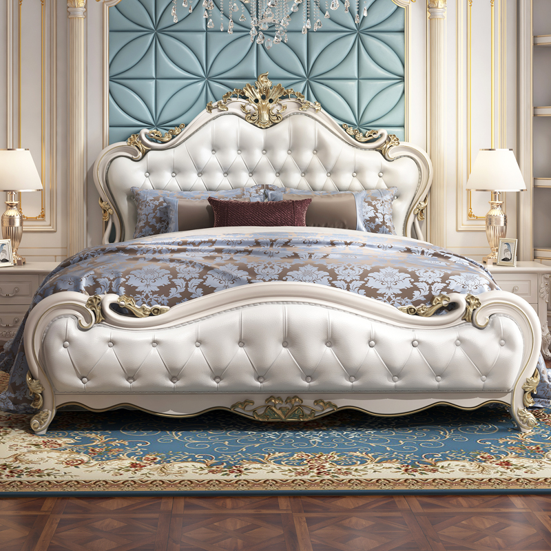 8m实木雕花真皮太子床美式公主床婚床 颜色定制/预付款/寄皮样/补齐