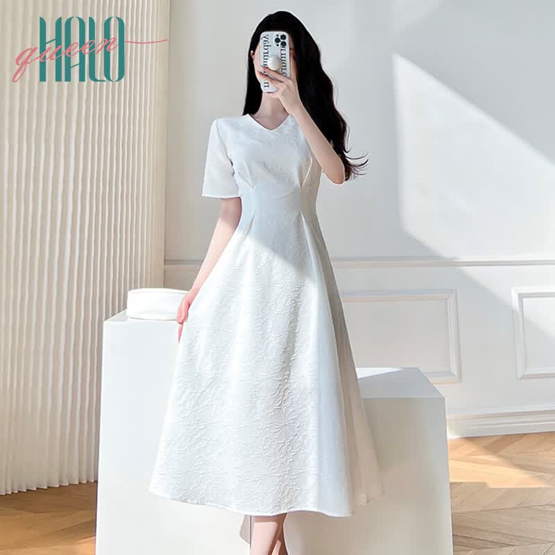 Halo Queen短袖连衣裙女V领夏季收腰显瘦过膝长裙女 H131Q1125怎么看?
