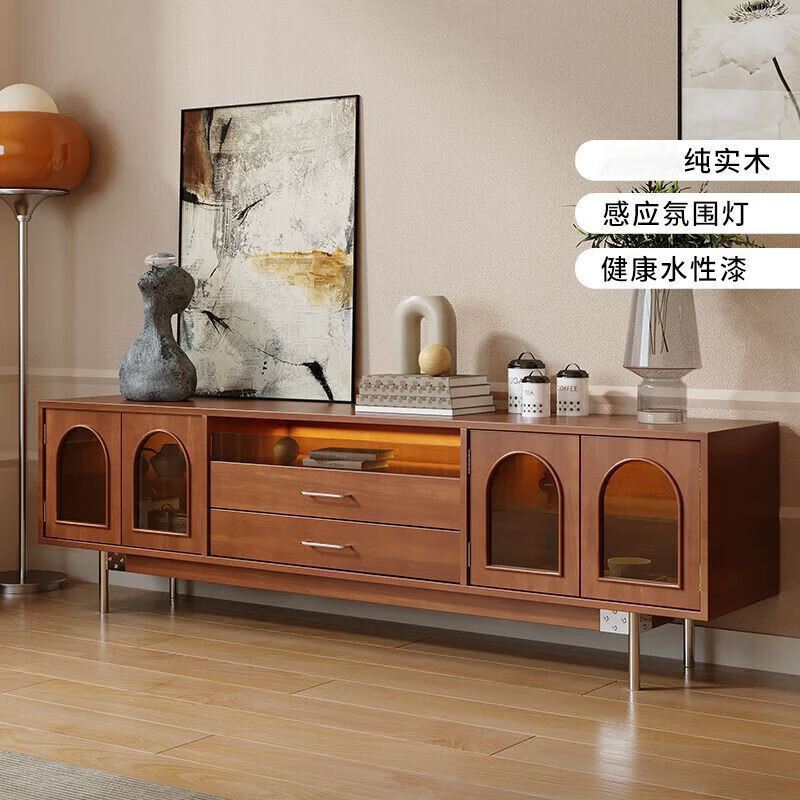 友得家实木客厅电视柜法式复古电视机柜黄杨木原木地柜led感应灯电视