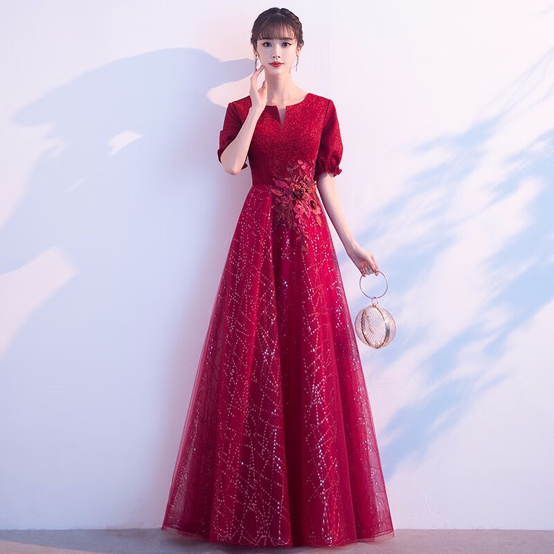 韩蔓语敬酒服新娘2020新款酒红色婚礼宴会结婚礼服裙女长款演出回门服