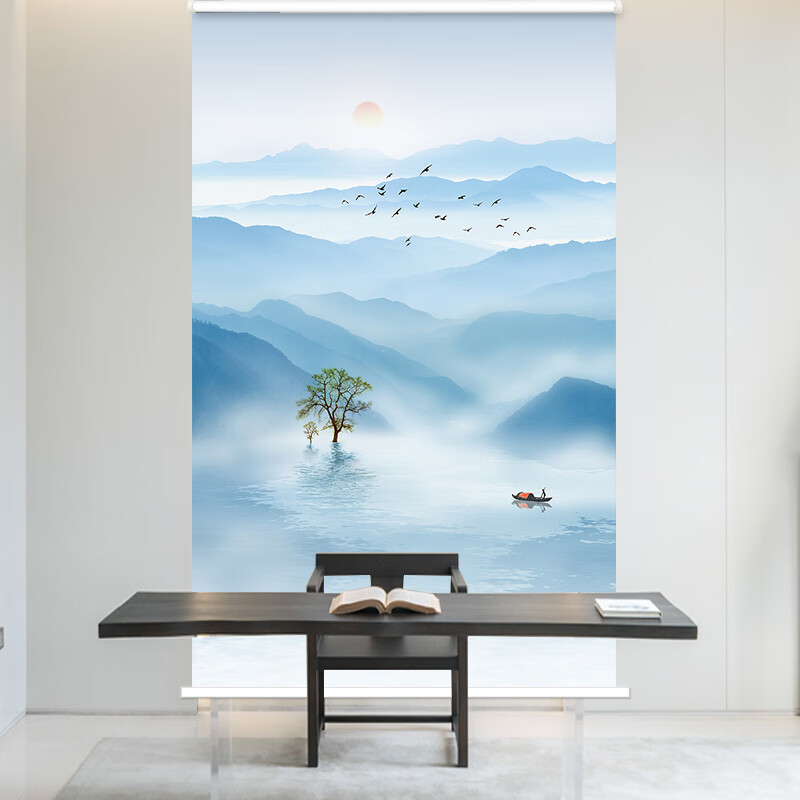 风景画窗帘 山水风景画卷帘窗帘免打孔遮光遮挡卷拉升降客厅书房办公