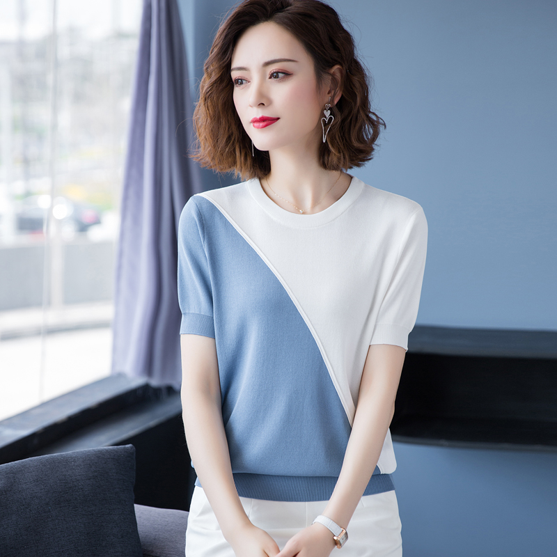 【品质好货】2021年新款夏季冰丝针织衫短袖t恤女韩版宽松拼色洋气圆领上衣服 蓝色 M
