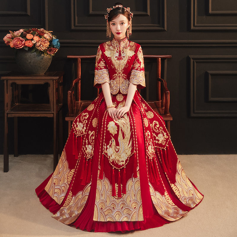 红衣金线秀禾服新娘2022新款中式结婚礼服嫁衣敬酒服龙凤褂出阁服小