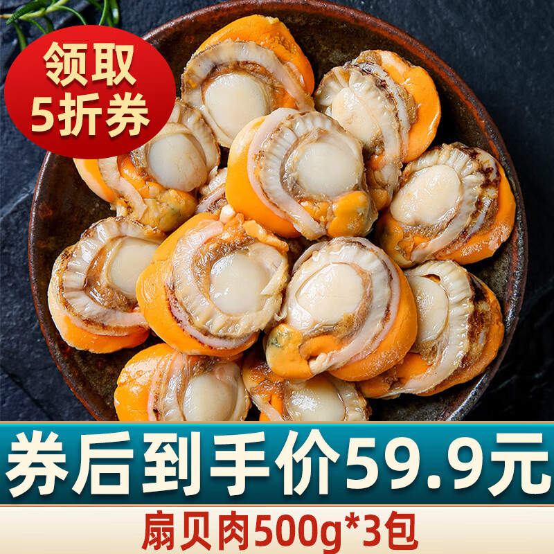 海乡客 特大号冷冻带黄扇贝肉 大帆立贝肉生鲜贝类海鲜烧烤食材商用批发 扇贝肉500g*3包 每包约40-50只
