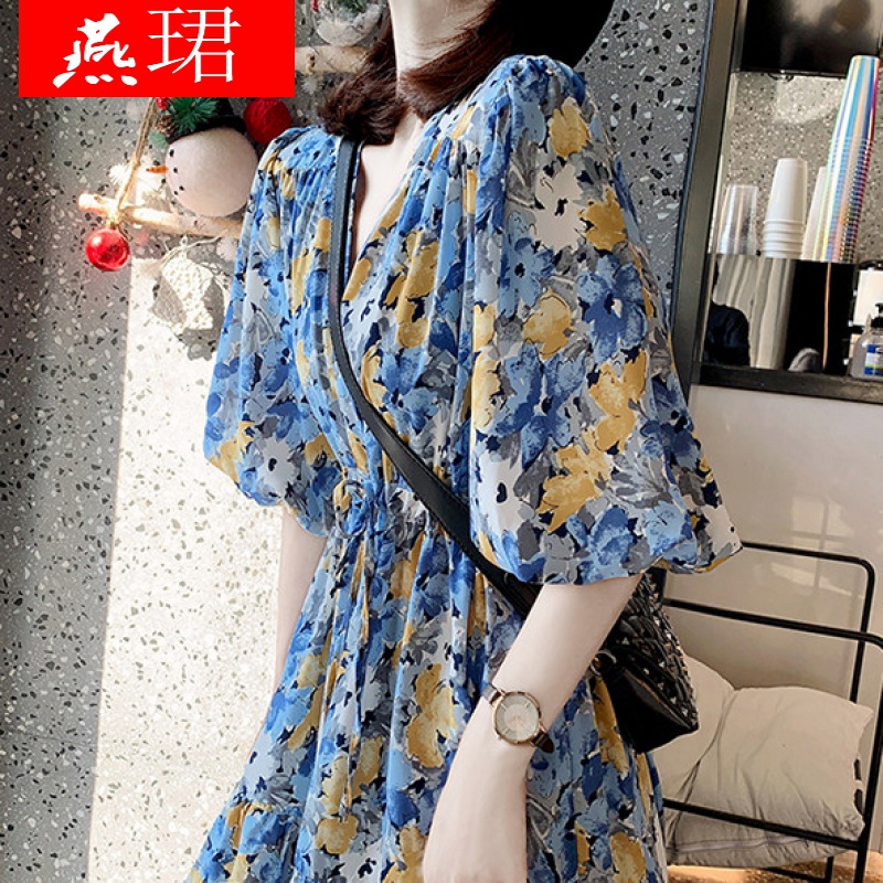 【明星同款 大牌精选】燕珺 法式碎花雪纺长款桔梗茶歇及踝连衣裙新款