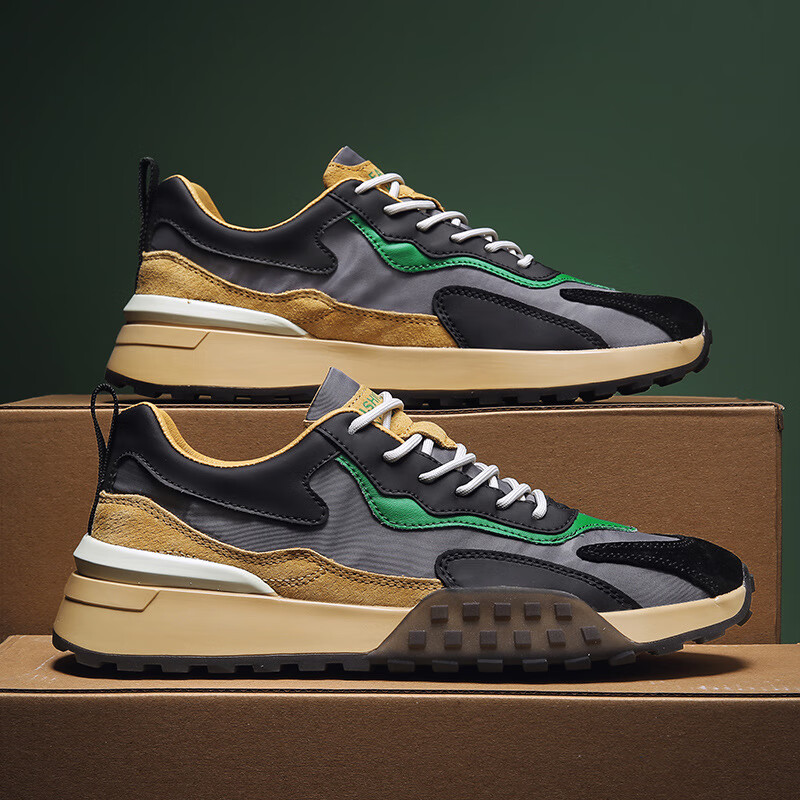 奢侈男鞋品牌老爹鞋子男士秋季新款透气皮面百搭休闲跑步运动鞋 黑绿