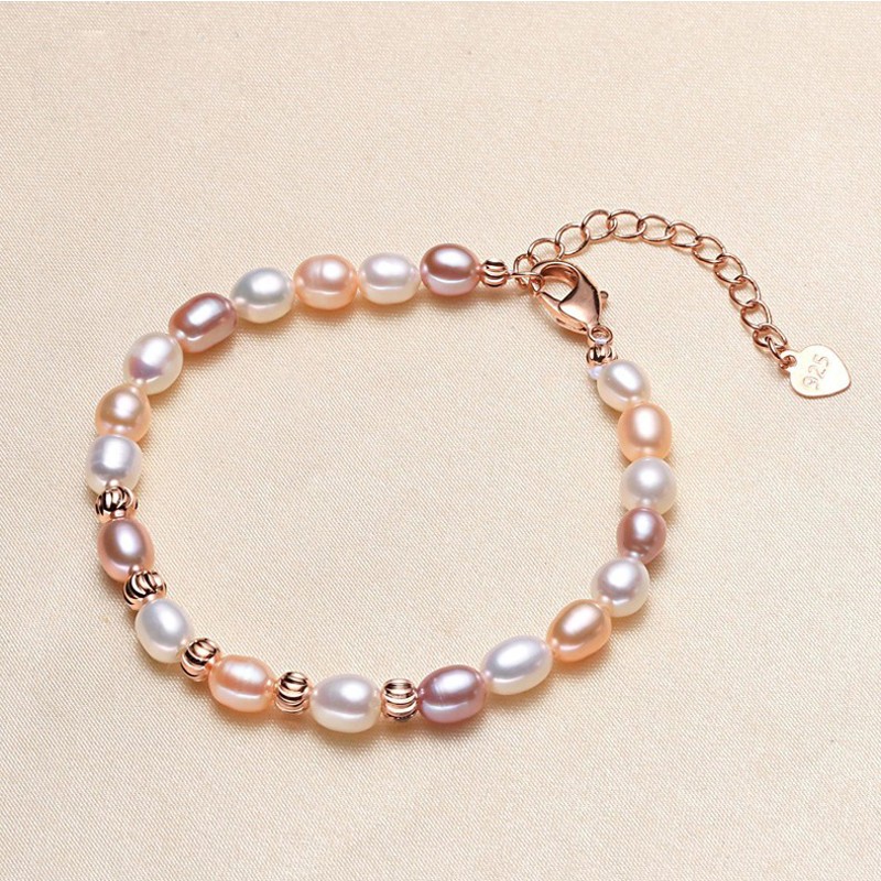 千楼珠宝 淡水珍珠手链 米形 超亮光泽  长度可调节16+4cm 颜色可选 送爱人送女友礼物 混彩