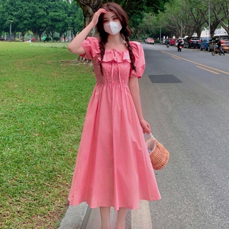 风设计感粉色连衣裙夏2022新款收腰显瘦过膝仙女中长裙 粉色((长))款