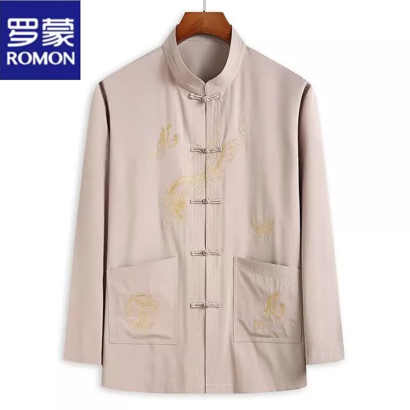 罗蒙（ROMON）唐装男长袖套装中老年人春秋装中国风刺绣爸爸大码晨练服爷爷汉服 卡其长袖单上衣 M 建议120-135斤高性价比高么？