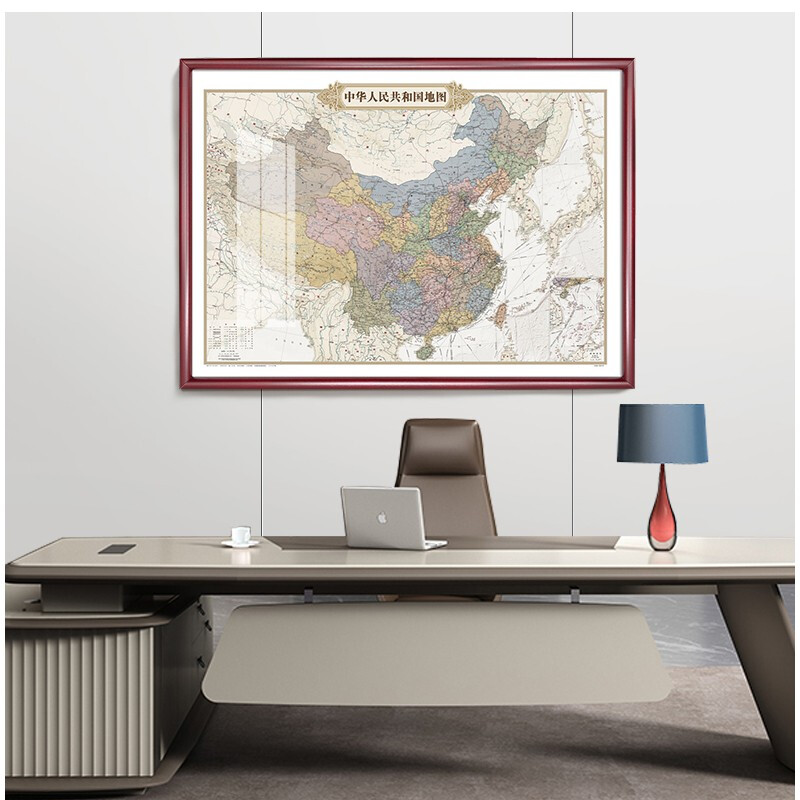 实木裱框复古地图 裱框中国复古地图 世界复古地图 家用装饰画  精美