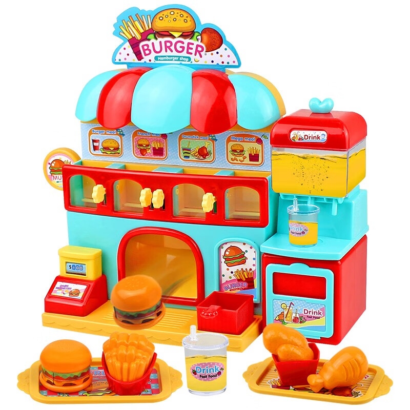 天智星琪琪和悦悦的玩具面包店汉堡包炸薯条饮料糖果机小豆子点餐机巴士 欢乐汉堡店经典款 含饮料机