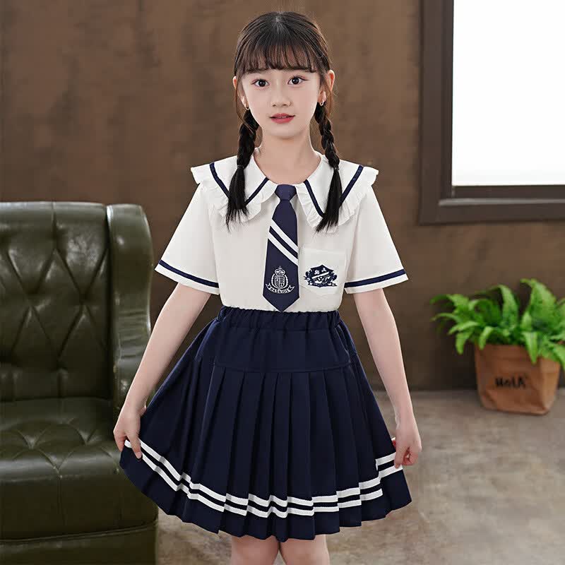 衣服套装女童夏季2024新款洋气儿童jk裙百褶裙两件套六一 学院风短袖