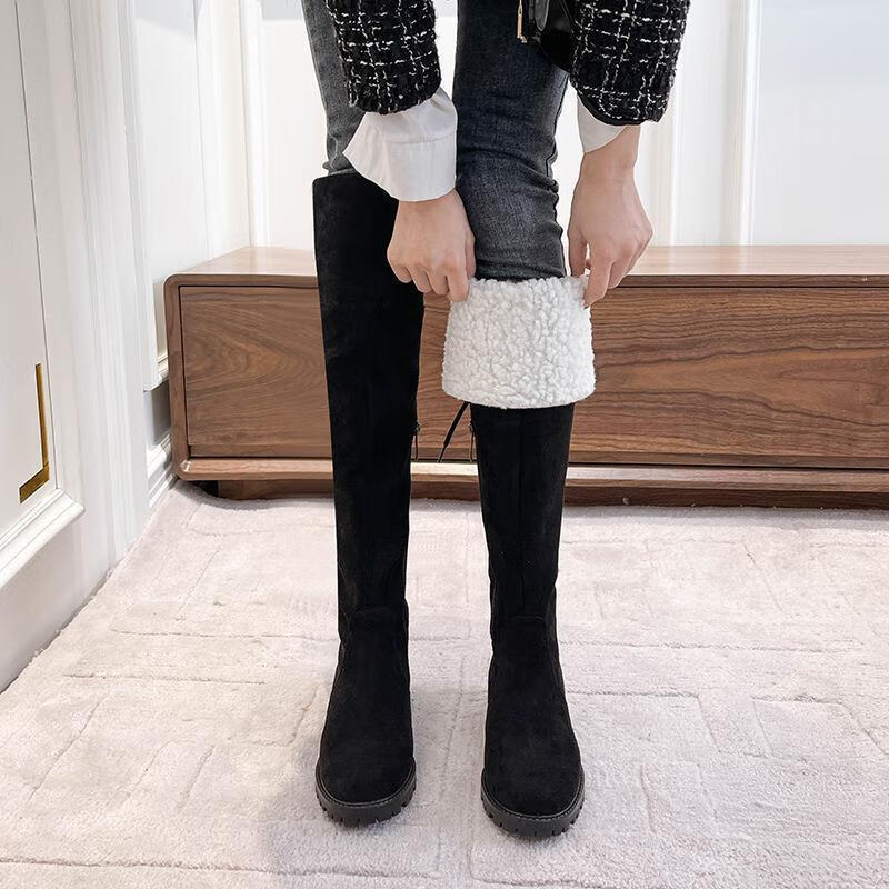 圣曼芬冬天穿皮毛一体长筒靴子女加绒加厚款新款羊羔毛保暖显瘦过膝高