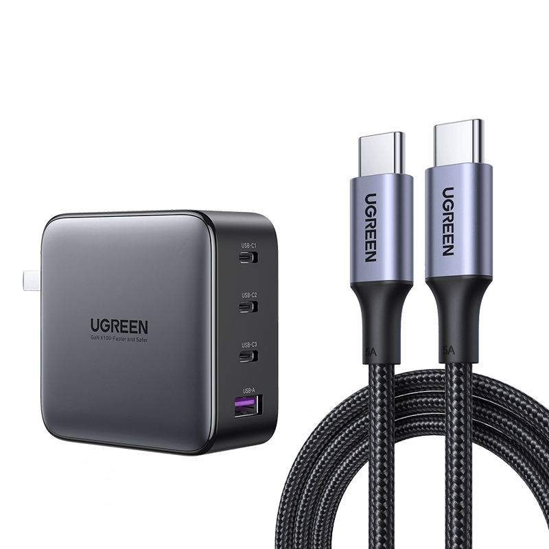 UGREEN 绿联 CD226 氮化镓充电器 三Type-C/USB-A 100W+双Type-C 100W 数据线 编织线 1.5m 黑色