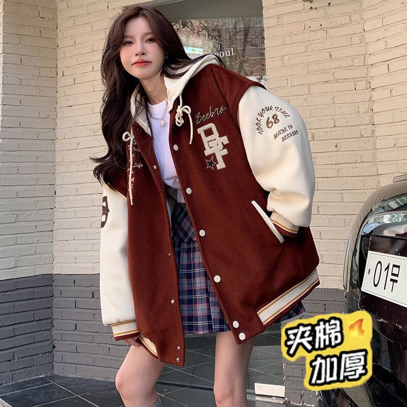 伊渊浅韩版宽松夹克长袖上衣带拉链的女生秋冬装美式复古棒球服外套女