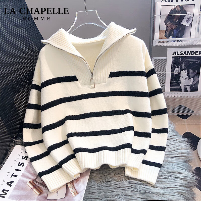 拉夏贝尔homme女士毛衣针织衫女装秋冬装厚外穿内搭2022新款条纹上衣欧货温柔软糯 白色 均码-80-135斤