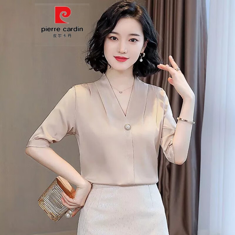 cardin)杭州真丝上衣女夏季新款洋气纯色v领小衫高端桑蚕丝短袖t恤衫