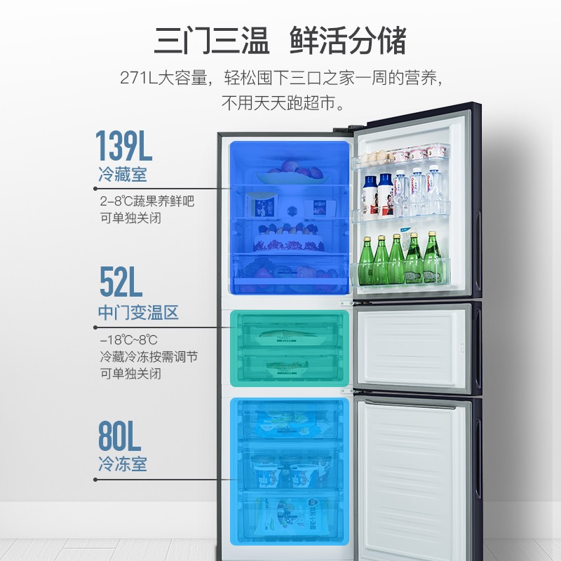 美菱冰箱 Meling 离子净 271升三门一级能效变频小型家用变频风冷无霜电冰箱租房小冰箱浅灰色荣耀灰79元 需用券 多重优惠券 聚超值