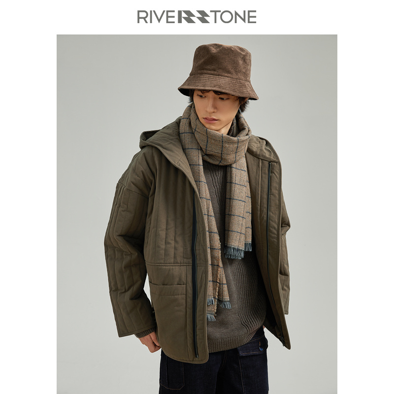 riverstone流石男装日系复古连帽棉服新款秋冬季男士棉外套 灰卡其