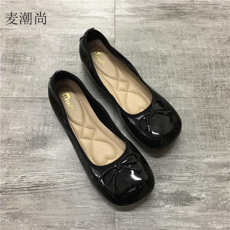 麥潮尚大碼女皮鞋春季41-43新款秋季芭蕾舞平底鞋蝴蝶結(jié)單 黑色 33