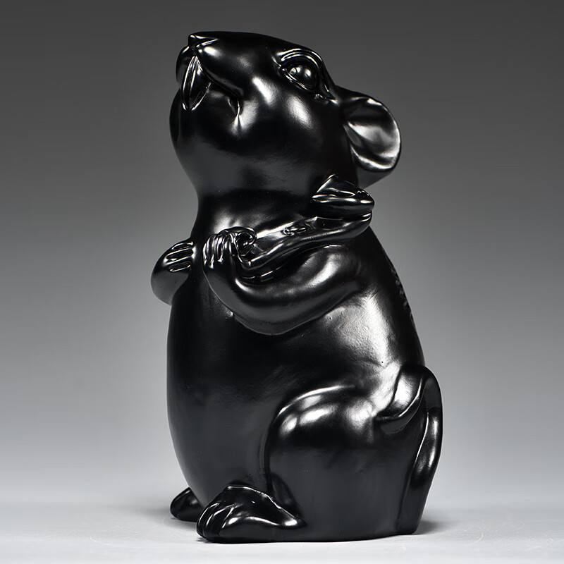 尊首黑色老鼠摆件实木雕刻十二生肖纯黑色鼠客厅电视柜补角装饰工艺品