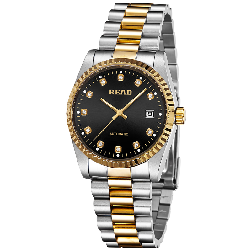 锐力日历显示钢带高档机械男士手表小三针商务派对百搭男表 黑面间金