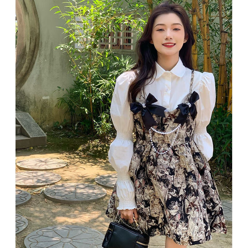 套装2024新款夏季女装气质两件套春秋复古港风轻熟长袖 猫咪吊带裙送