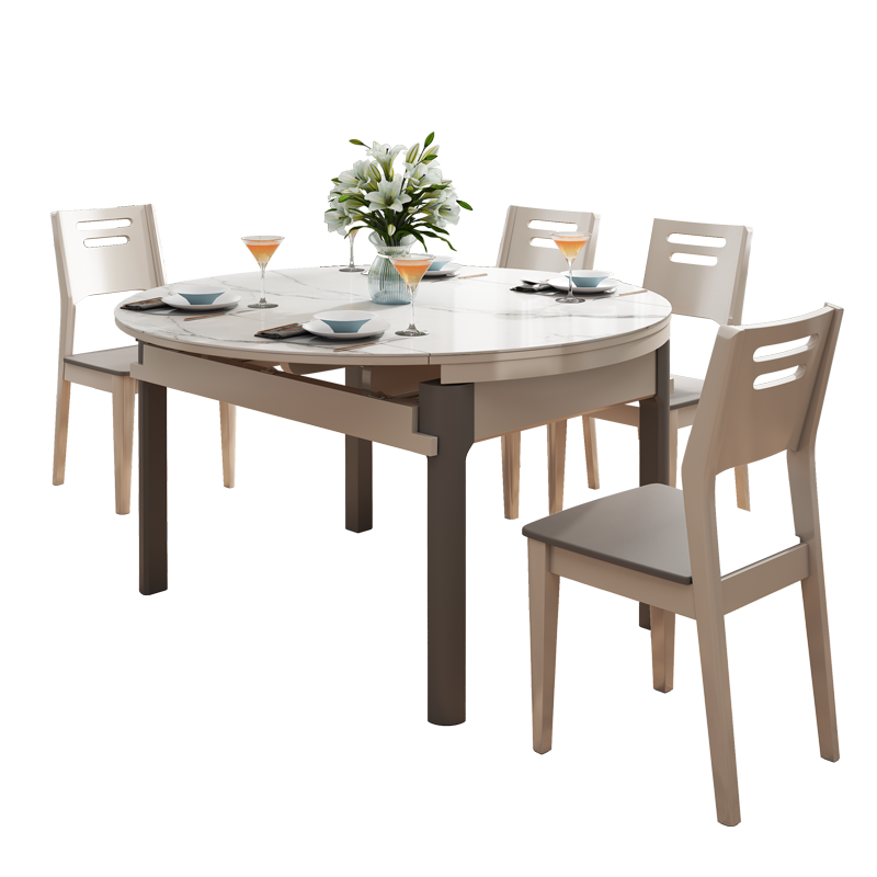 A家 餐桌 可折叠圆餐桌椅组合可伸缩岩板现代简约客厅吃饭桌实木脚餐桌椅 Q041 1.2米岩板餐桌(不可伸缩)+四椅 组装