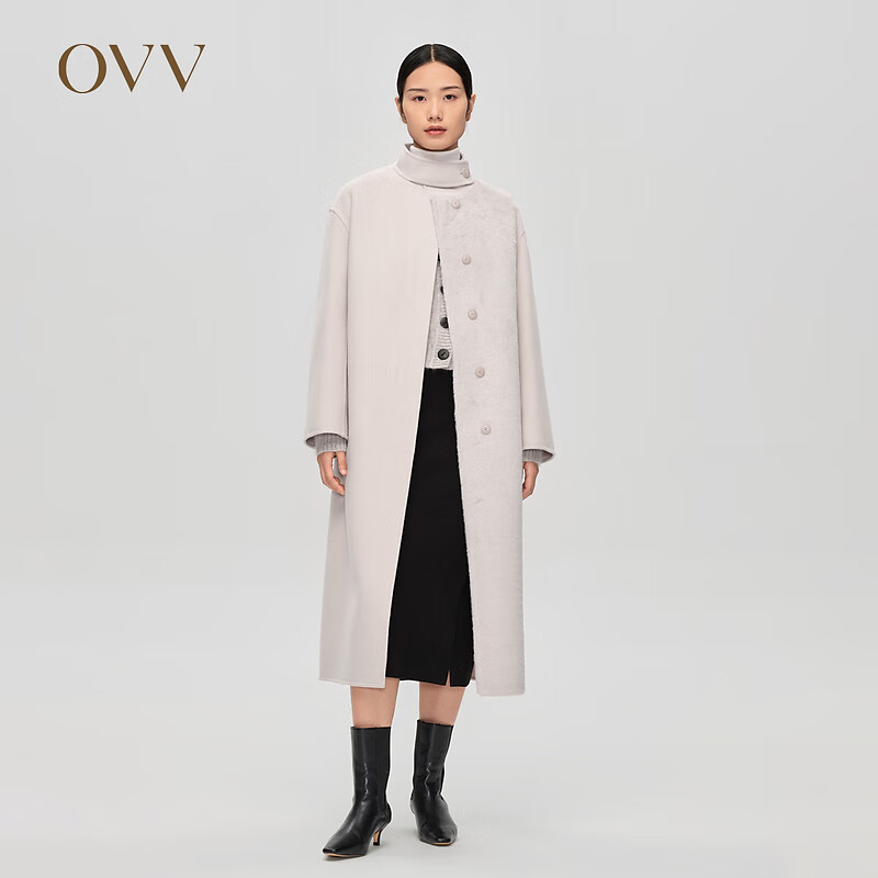 OVV2023秋冬新款女装羊毛双面呢拼环保皮草配腰带长款大衣 浅灰（净色）C0 M