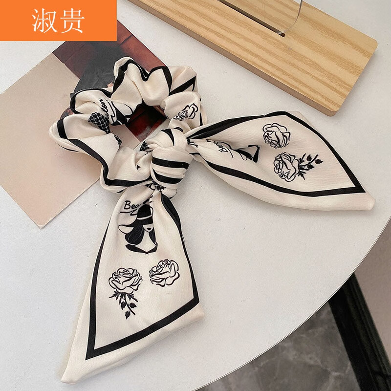 飘带大肠发圈蝴蝶结扎头发绳女头绳丸子头发饰 米白色图案打结发圈