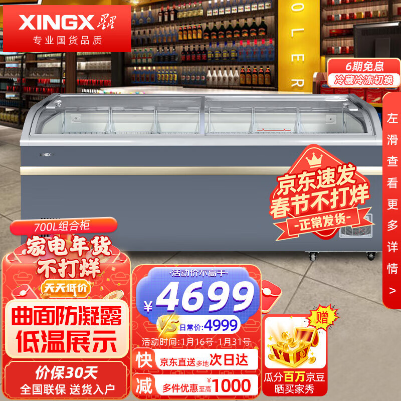 星星（XINGX）冰柜商用展示柜冷藏冷冻超市雪糕圆弧柜岛柜 700升单温 SD/SC-709BYE