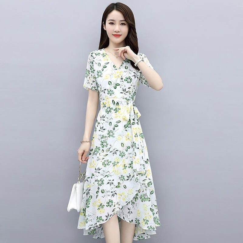 连衣裙夏季新款雪纺裙子中年女装夏装洋气夏天短袖 国潮连衣裙白色