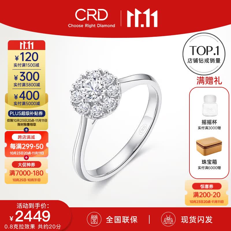 CRD克徕帝【现货闪发】钻戒铂金钻石戒指钻戒女求婚戒指群镶 1.2克拉效果 共约30分D-E色使用感如何?