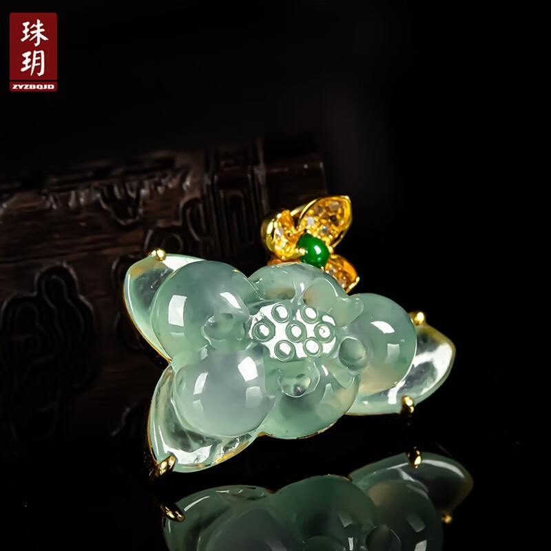 珠玥(zhuyue)翡翠a货老坑冰透浅绿色18k金镶嵌莲花如意吊坠 花开富贵
