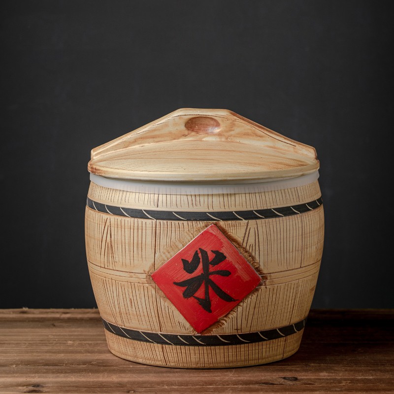雅言陶瓷 景德镇陶瓷器米缸 带盖复古木纹陶瓷储物缸 家用10斤20斤30