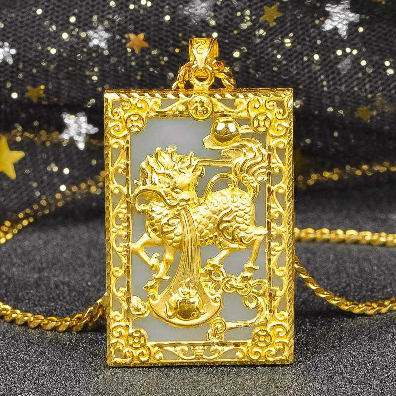 珠玥珠宝 999足金黄金镶玉吊坠麒麟玉坠3d硬金和田玉男女自戴送礼