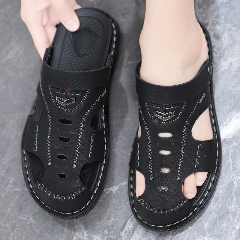 足力健爸妈鞋凉鞋男款新款夏季厚底沙滩鞋户外穿休闲开车爸爸凉拖鞋