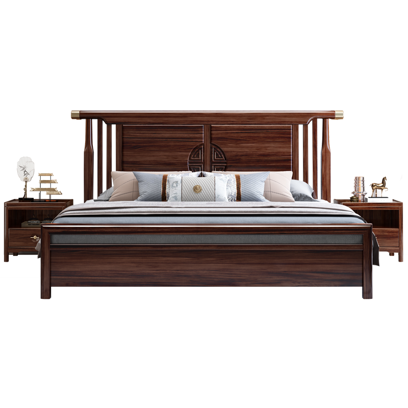 景腾 床 新中式实木床金丝檀木简约现代轻奢1.8米双人床主卧大床1.5单人床高箱卧室家具 床+床头柜x2 1.8米*2米标准款