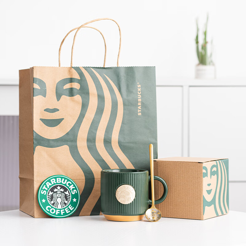 星巴克(starbucks)杯子墨绿色马克杯星勺陶瓷竖条纹水杯办公室咖啡杯