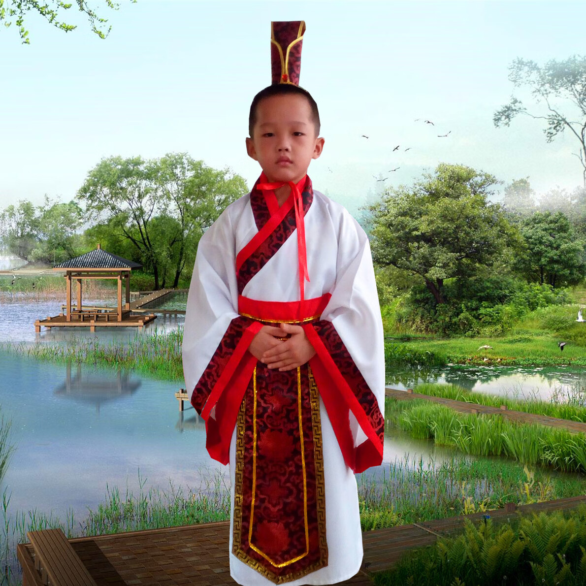 嫵紀(jì)秦始皇帝王大臣表演服裝楚趙秦漢朝春秋戰(zhàn)國劇兒童古裝演出服 白魚紅邊紅尖帽 110cm 建議身高