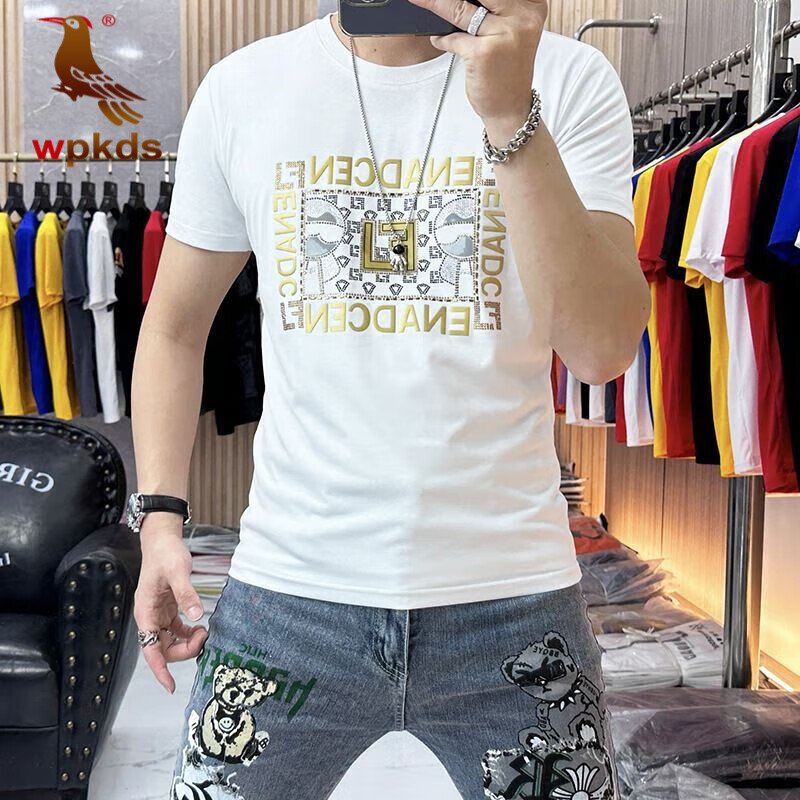 新款欧洲站短袖t恤男修身烫钻时尚丝光 白色 d058双马尾男lf烫钻短袖