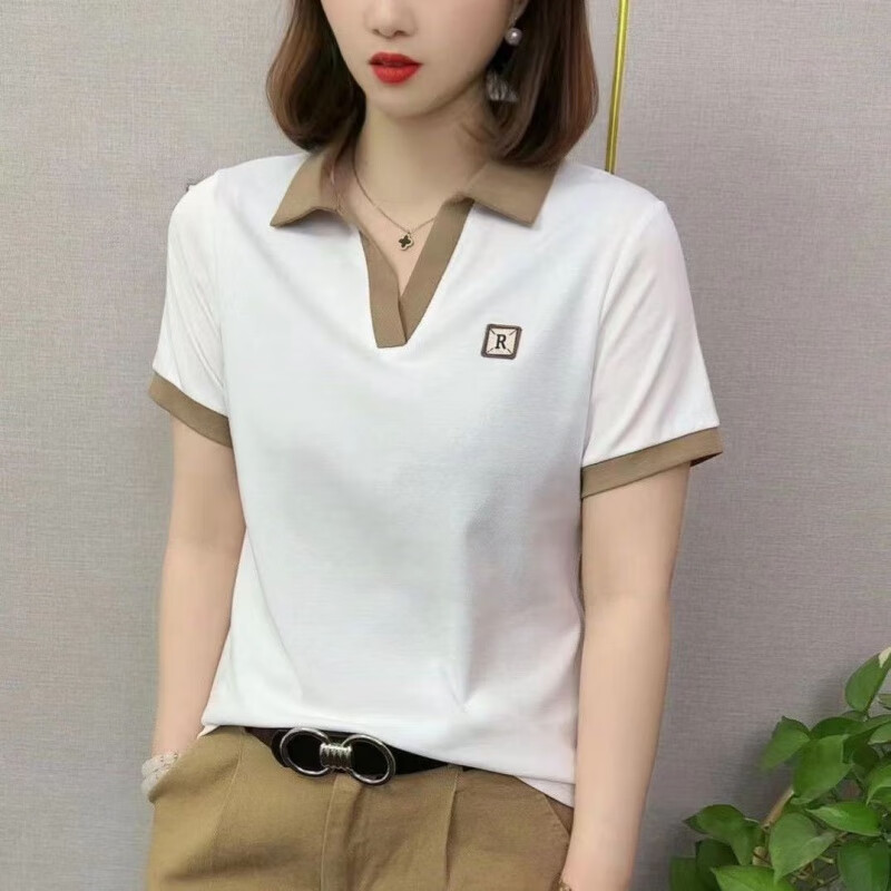 LPOX新款女时尚polo领短袖宽松大码短袖t恤女遮肉显瘦纯色洋气上衣 【X24-白色】 XL 建议115-130斤