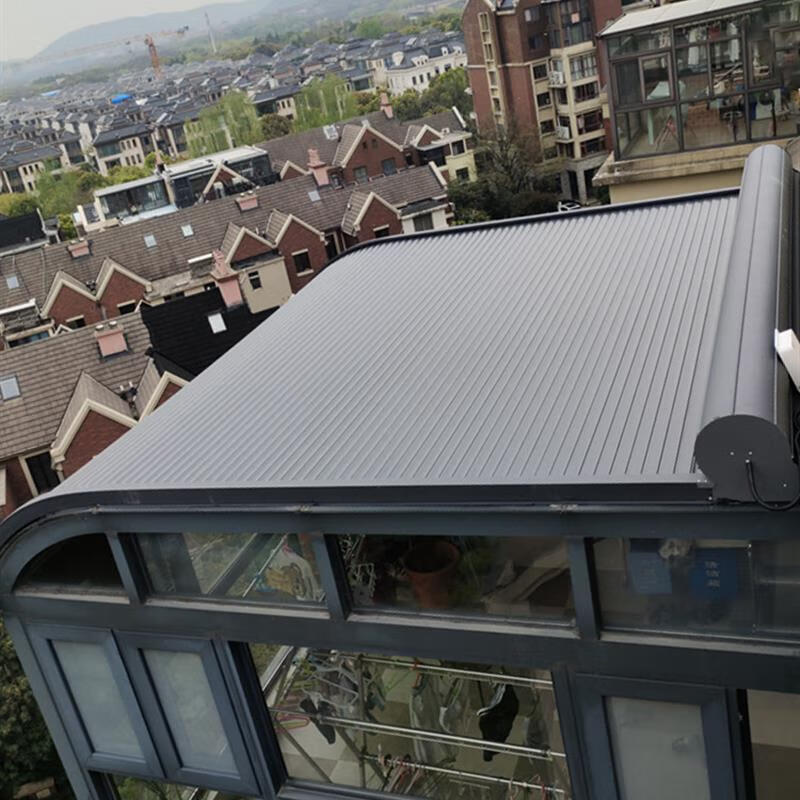 仁聚益阳光房户外隔热天幕电动铝合金遮光百叶人字顶智能保温伸缩卷