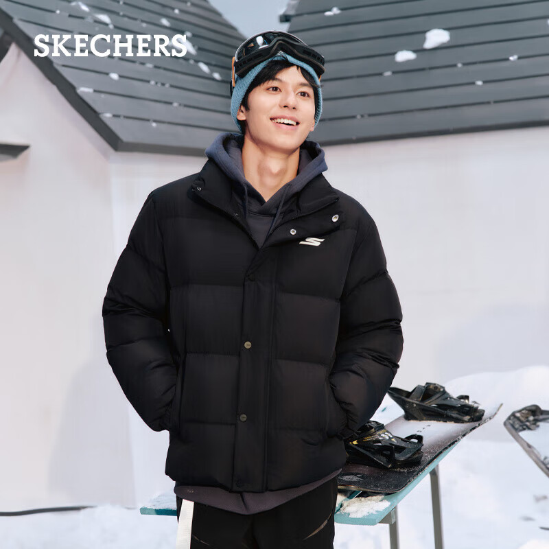 斯凯奇（Skechers）秋季男女短款羽绒立领保暖防泼水上衣百搭舒适P423U038 碳黑/0018 XL