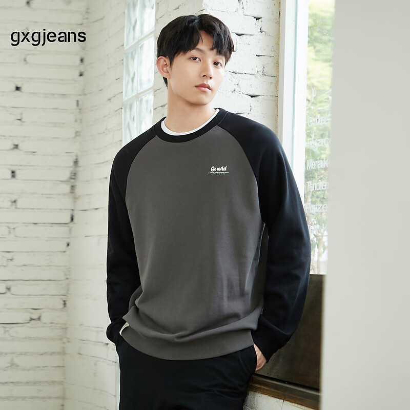gxgjeans男装2024年秋季宽松刺绣纯棉插肩袖圆领套头卫衣 黑色+灰色 A 180/XL